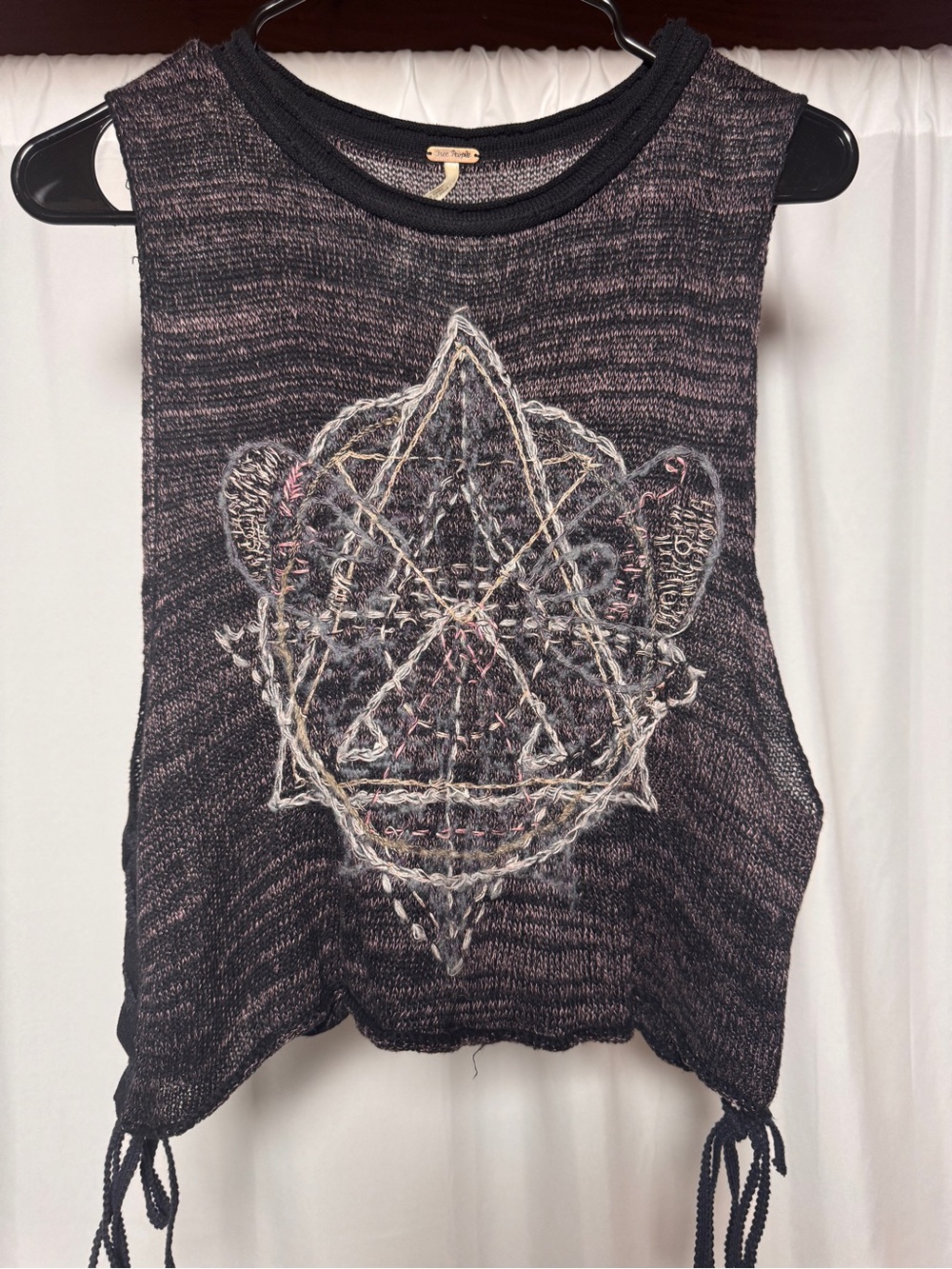 Free People Zodiac Crop Lace-Up Tank Top XS Black Gray Pink Embroidered